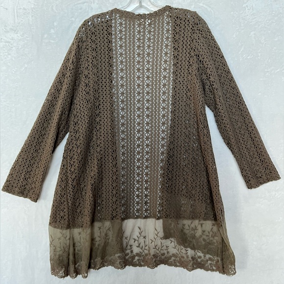 Studio Gem Q Open Front Crochet Sweater Embroidered Lace Trim Khaki Brown Large - Picture 2 of 7